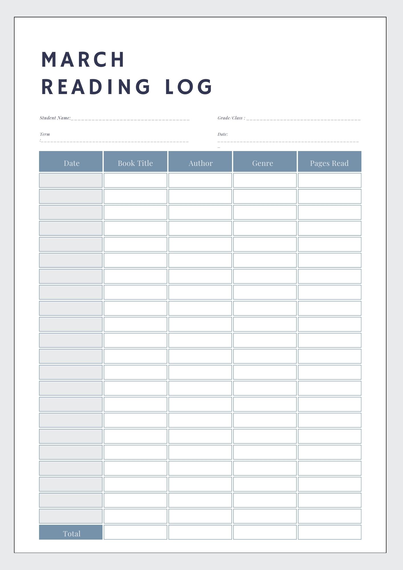 March Reading Log Template