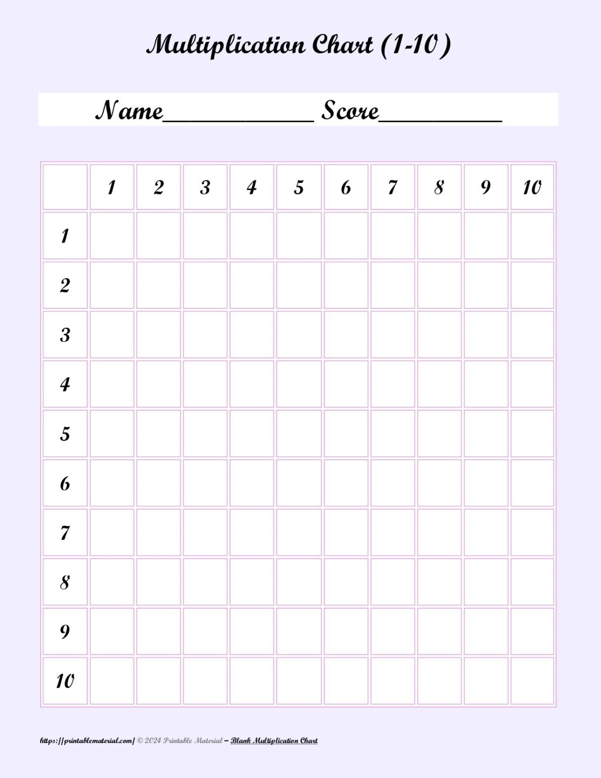 Blank Multiplication Charts (Times Table Worksheets) Printable
